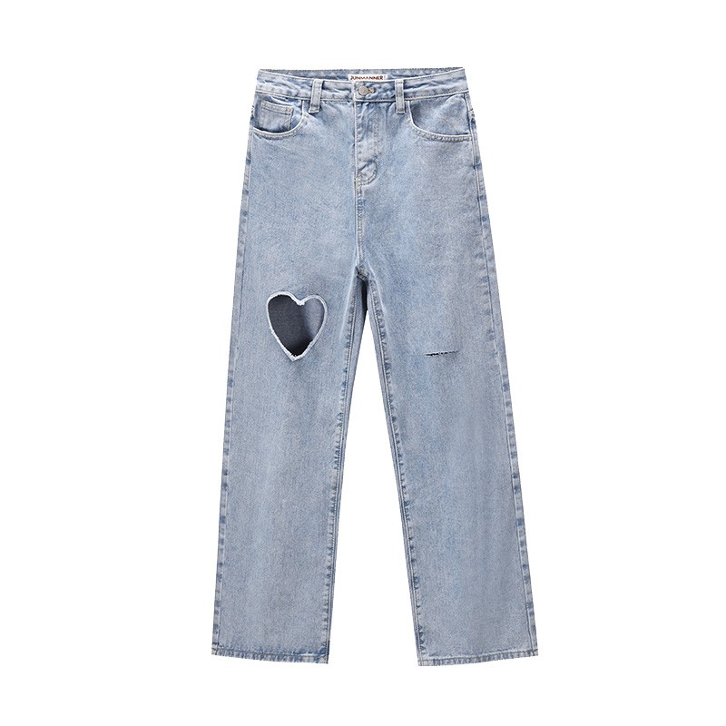 LEEVA - Quần jeans rách trái tim dáng dài cho nữ ống suông Q036