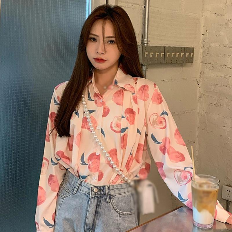 Áo Sơ Mi Tay Dài Dáng Rộng In Hình Quả Đào Kiểu Hàn Quốc Dễ Thương Cho Nữ
