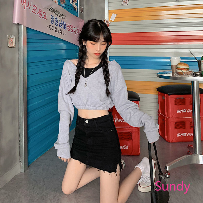 Áo croptop chất cotton tay dài thiết kế trễ vai quyến rũ cho phái nữ