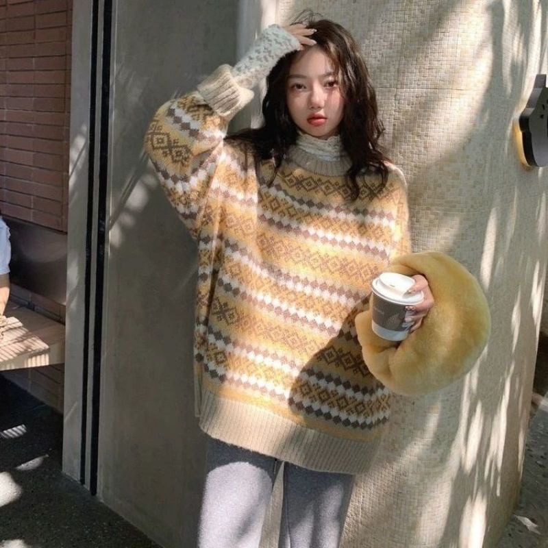 Áo len cổ tròn họa tiết ulzzang girl siêu cute