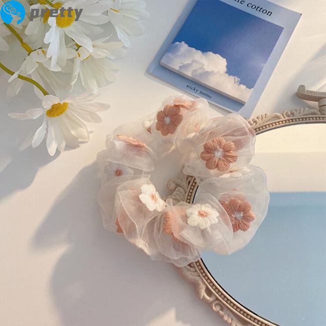 Dây buộc tóc bằng vải organza thêu hoa dễ thương