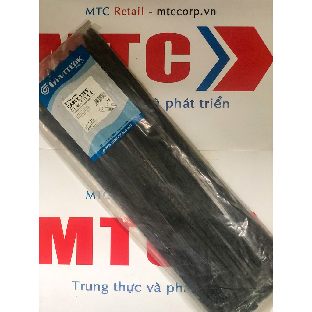 Túi 100 Dây thít, dây rút nhựa màu đen 450×7.6mm cao cấp GT450HDSB nhập khẩu Giantlok-Thái Lan