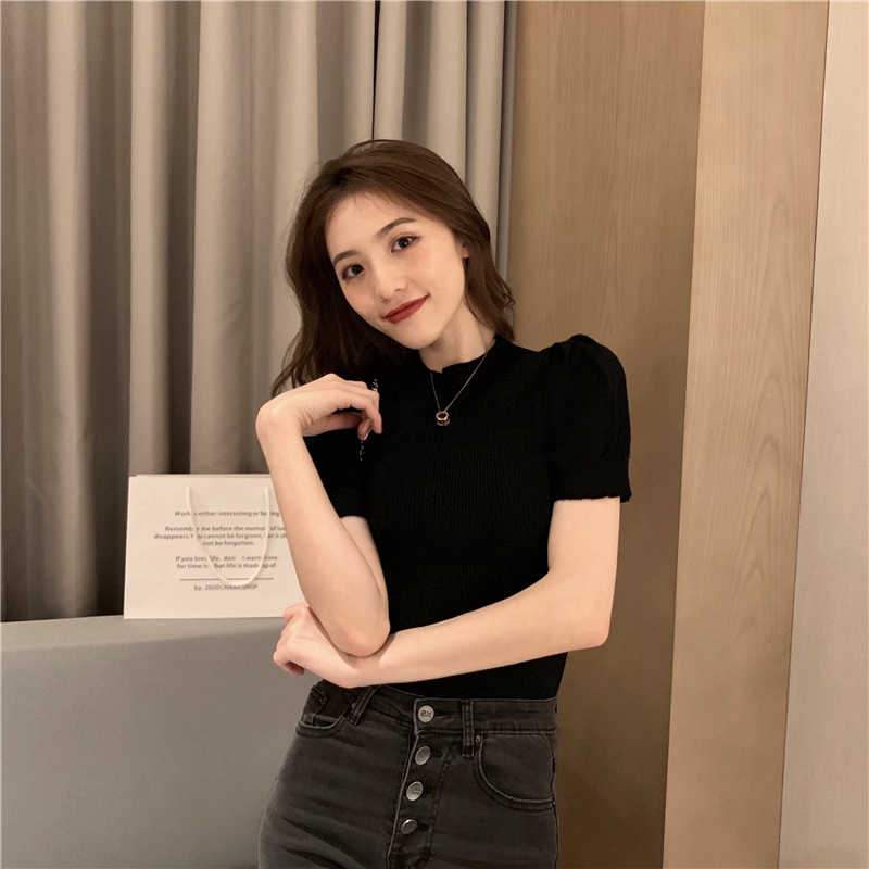 SUXI Áo dệt kim ngắn tay màu trơn phong cách Hàn Quốc