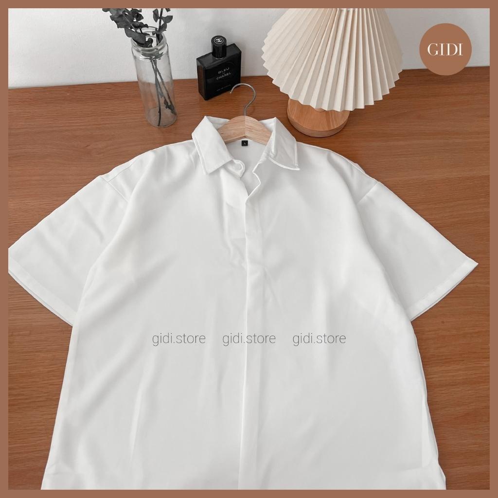 Áo sơ mi KHÔNG NÚT tay lỡ Nam Nữ Unisex - sơ mi ngắn tay phong cách Hàn Quốc vải lụa không nhăn, cực mát