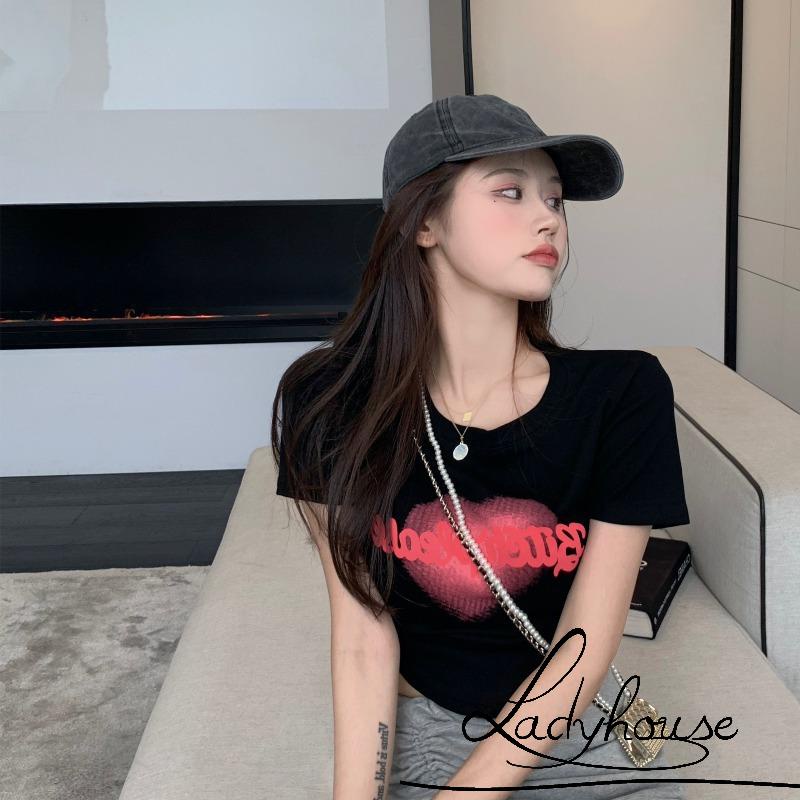 Áo Thun Crop Top Tay Ngắn Cổ Tròn In Hình Trái Tim Thời Trang Cho Nữ