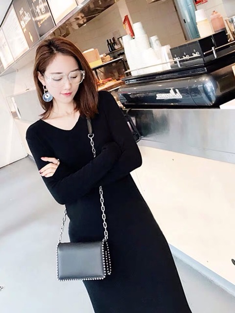 Đầm suông váy suông nữ dài tay cổ tim chất đẹp có hình thật