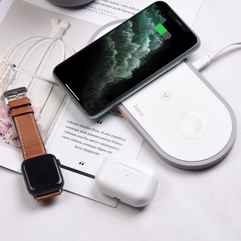 Đế sạc không dây 3in1 Hoco CW24, chip sạc thông minh, hỗ trợ sạc cho SmartPhone, iWatch, AirPods