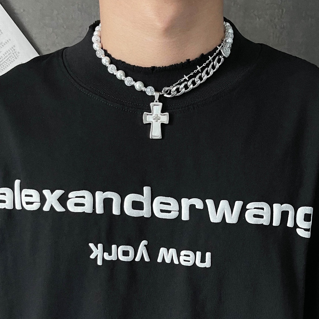 Vòng cổ Thép Titan Mặt Chữ Thập Đính Ngọc Trai Phong Cách hip hop