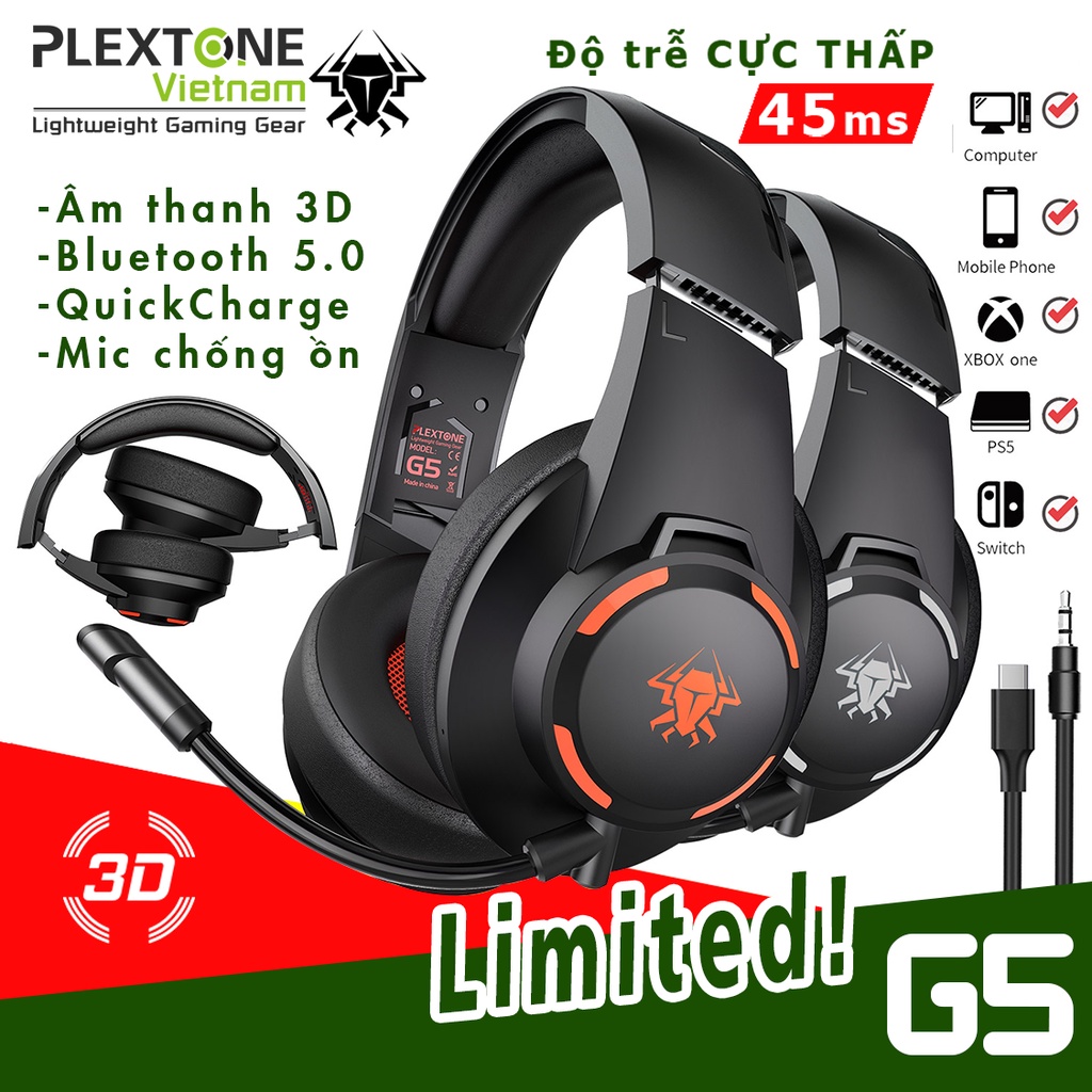 [Độc quyền] Tai nghe Gaming Không dây Chụp tai Plextone G5 Bluetooth 5.1 có Mic Đàm thoại nối dài Chống ồn