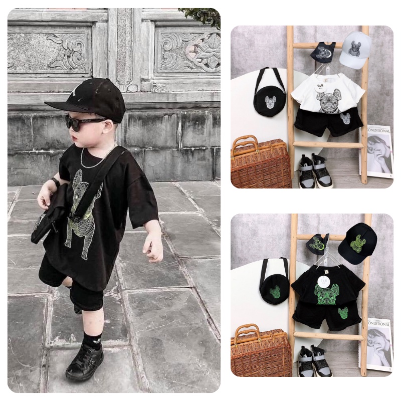 Bộ cộc tay bé trai, sét bộ 4 chi tiết gồm quần áo mũ khẩu trang hình chó sành điệu Bắp Ngô Kids size 8 đến 20kg
