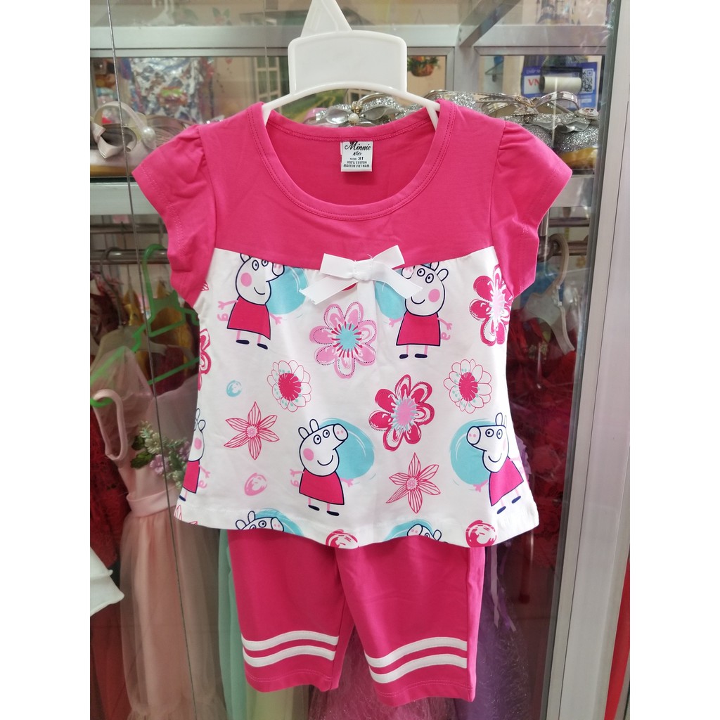 Bộ thun cotton tay cánh tiên bé gái in heo peppa