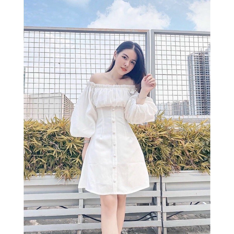 Váy trễ vai trắng triết eo tay bồng tiểu thư xinh xắn/ Đầm trắng trễ vai có triết eo | BigBuy360 - bigbuy360.vn