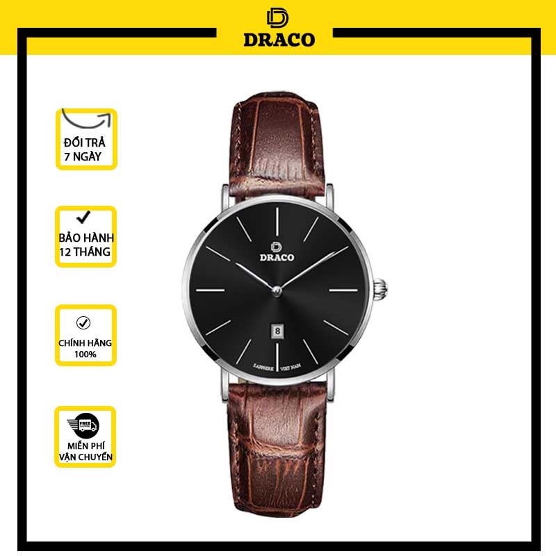 Đồng hồ nữ Draco D22-STN02 &quot;Classic Girl&quot; đen kết hợp chất liệu dây dây da bò màu nâu-phụ kiện thời trang nữ nhẹ nhàng t