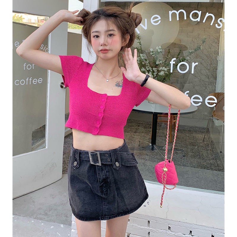 Áo dệt kim COZOKC ngắn tay cổ vuông phong cách cổ điển