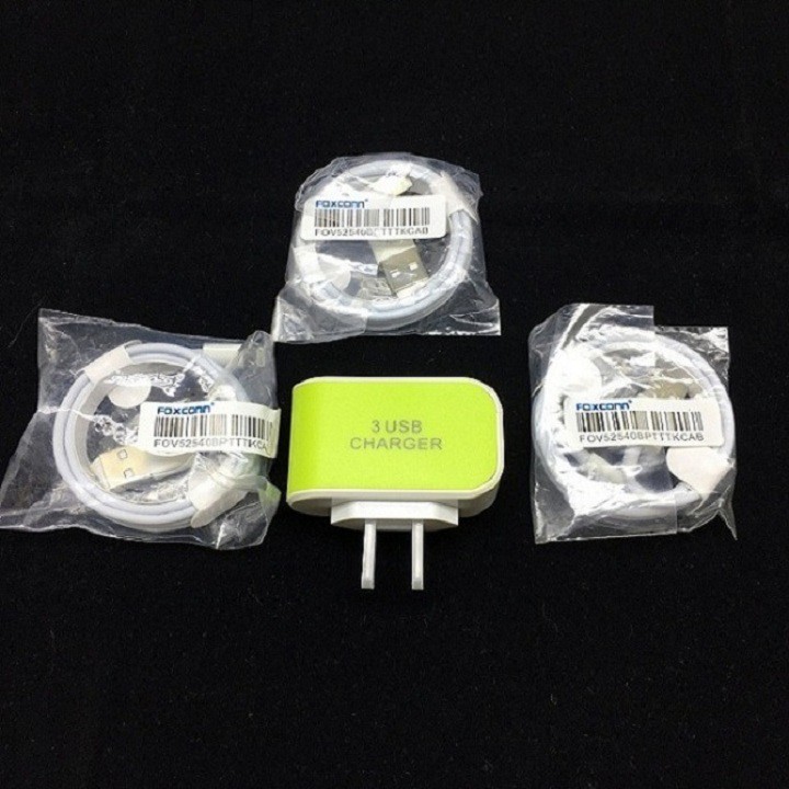 Bộ Cốc Sạc 3 Cổng USB và 3 Cáp Sạc Cho Điện Thoại IPhone SamSung Micro usb Loại A1