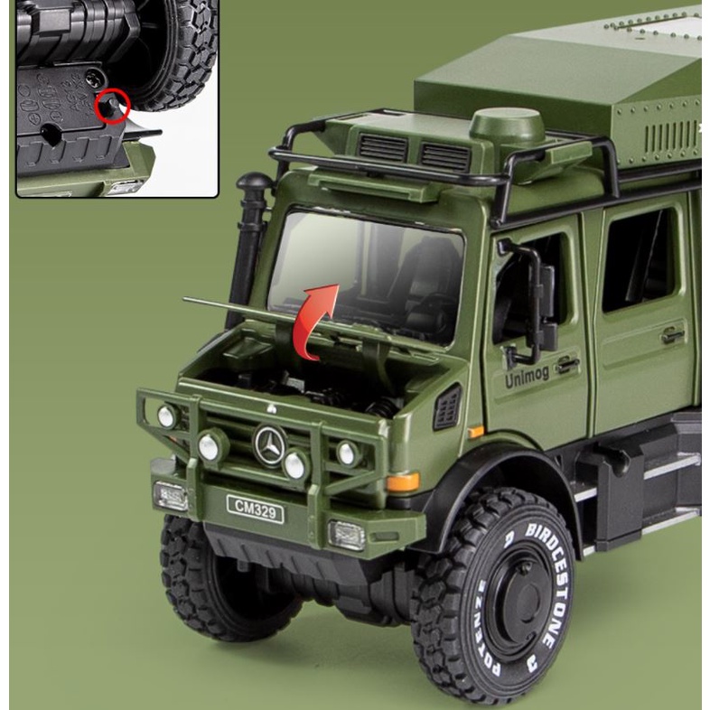 Mô hình xe Mercedes-Benz Unimog 1:28 U5000 kim loại ô tô đồ chơi trẻ em kéo lùi o to mini quà tặng, oto có đèn âm thanh