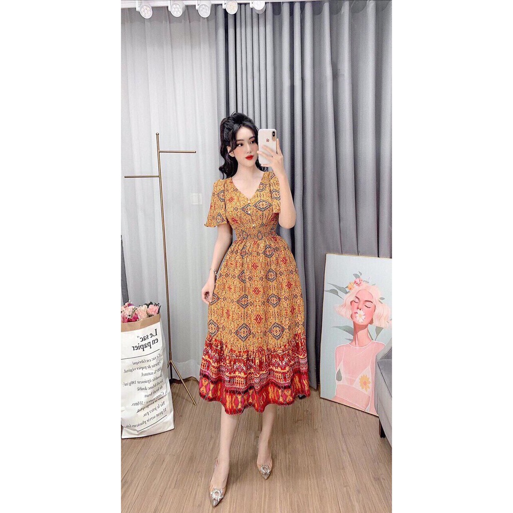 Đầm maxi thổ cẩm dáng dài cổ V lụa Hawai cao cấp