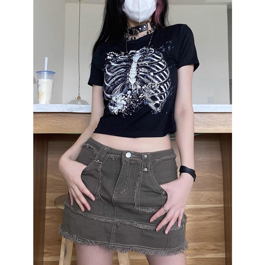 Áo Croptop Ôm Body PINKSTORE29 Cổ Tròn Tay Ngắn In Hình Xương Cool A5388