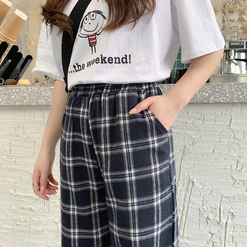 SUXI Quần Dài Ống Rộng Họa Tiết Ca Rô Thời Trang Dành Cho Nữ