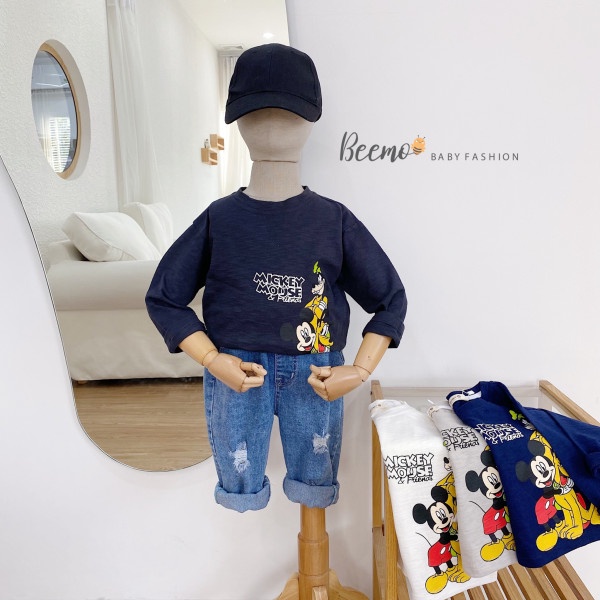 Áo phông dài tay bé trai Beemo hình mickey Áo thun cho bé trai cotton trắng đen xám 1 đến 6 tuổi - ATBB