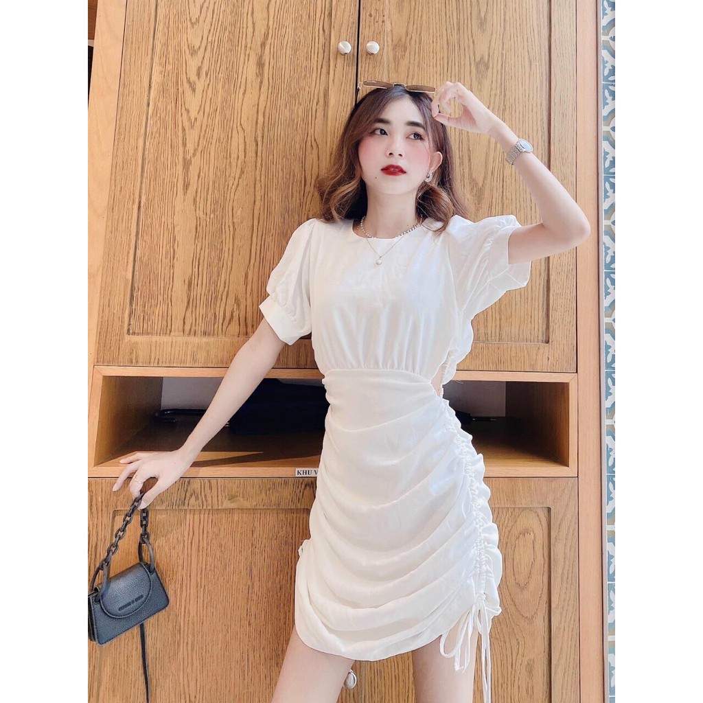 Đầm nữ cổ tròn hở eo rút dây hông