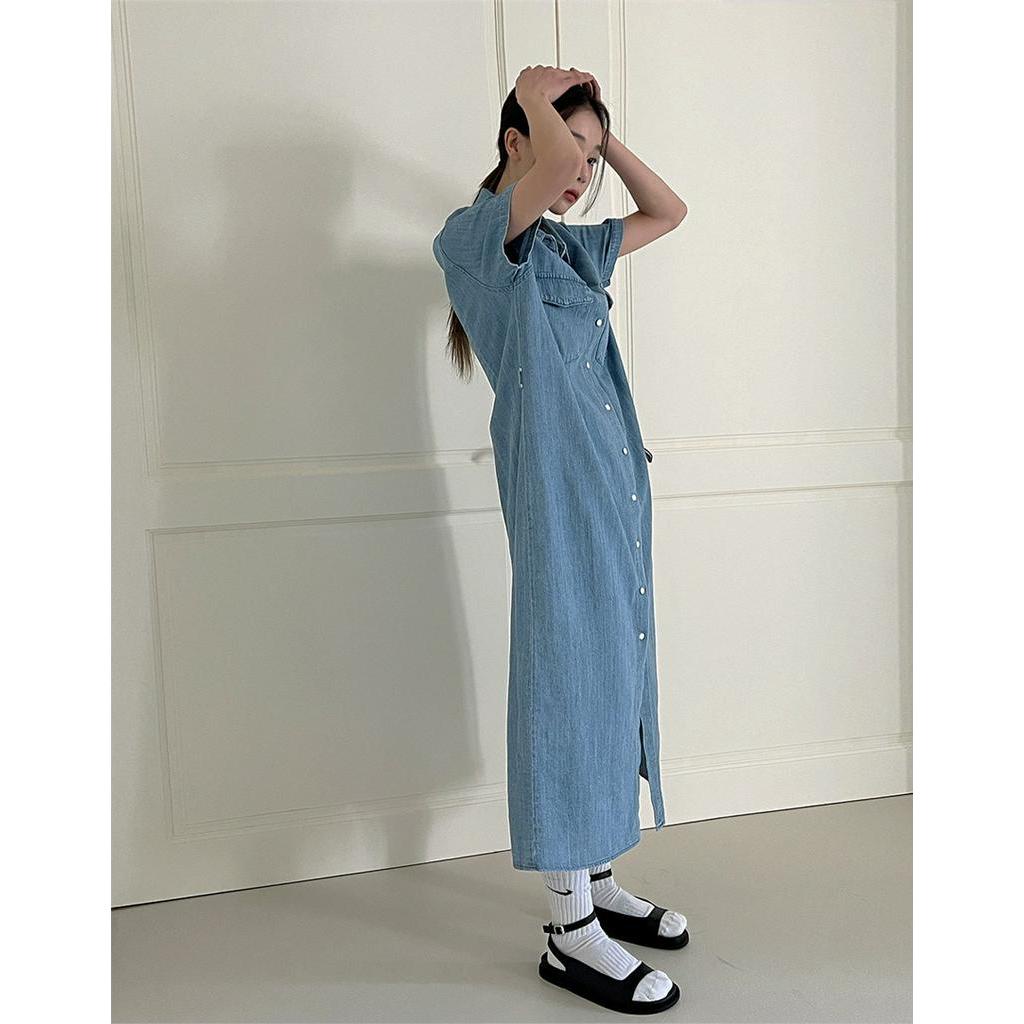 Đầm Denim Cổ polo Dáng Dài Ngắn Tay Thời Trang Sành Điệu 60655