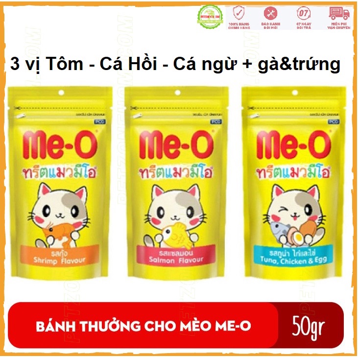 50g Snack bánh thưởng Me-O ️ FREESHIP ️ gói MeO 50gr vị cá hồi,vị tôm, cá ngừ gà và trứng cho mèo