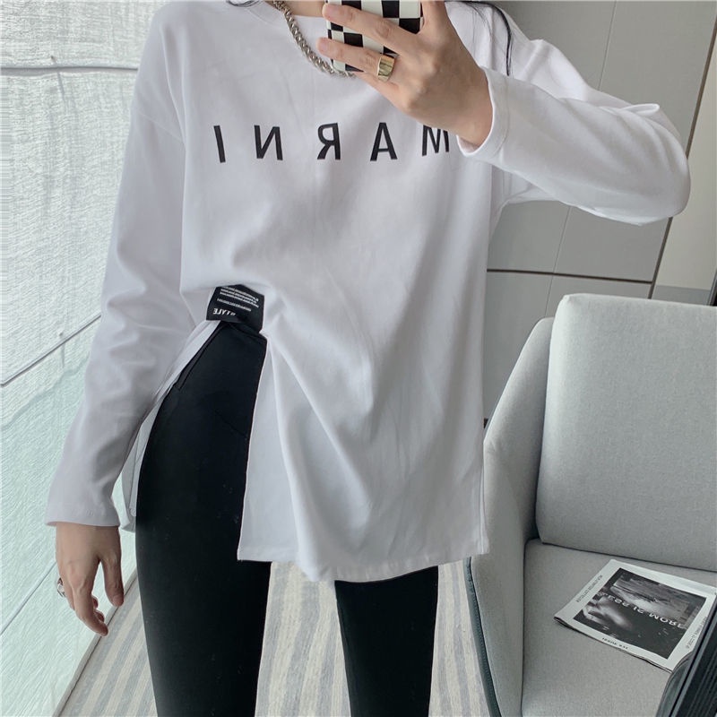 Jiashucheng Hàng Có Sẵn Áo Thun Sweatshirt Dáng Rộng Xẻ Tà Cỡ Lớn Thời Trang Xuân Thu Cho Nữ