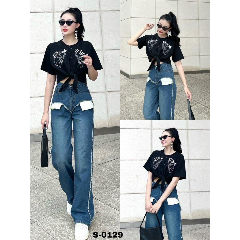 Quần bò ống rộng nữ,Jeans phối túi ngoài, cạp cao quần jeans ống rộng lưng cao, vải bò dày đẹp, không giãn dáng suông