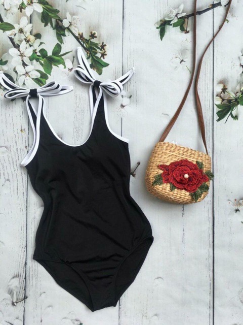 đồ bơi nữ bodysuit 1 mảnh viền trắng đen/xanh hở lưng  -JAMI-MOM10
