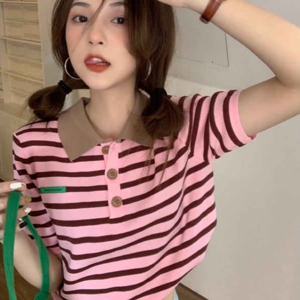 Áo thun polo ZHELIHANGFEI vải dệt kim ngắn tay kẻ sọc thời trang