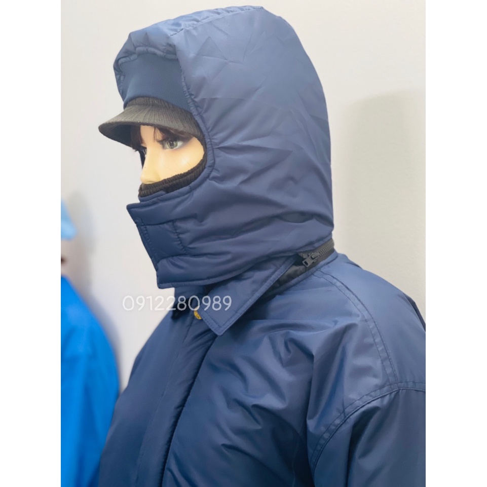 Áo kho lạnh -30 độ form dài đến gối mặc trong kho đông lạnh, thủy sản, trái cây có phản quang_ Hình chụp thật