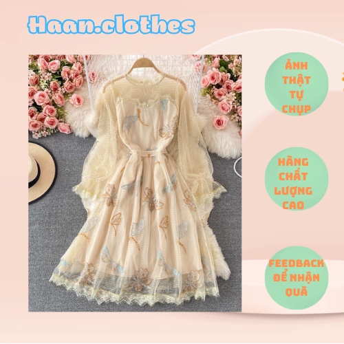 Đầm tay dài dáng suông màu be mix lưới đủ size dáng tay loe