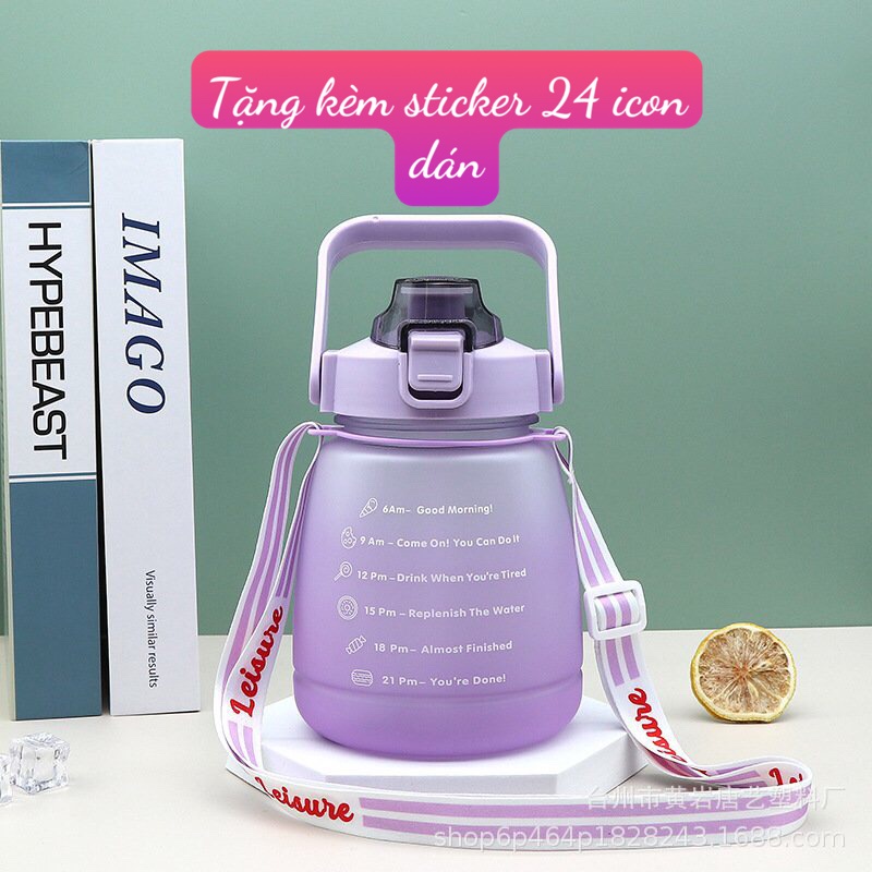 Bình đựng nước dễ thương 1.3 Lít học sinh có ống hút khi bật nắp tặng kèm sticker 3d