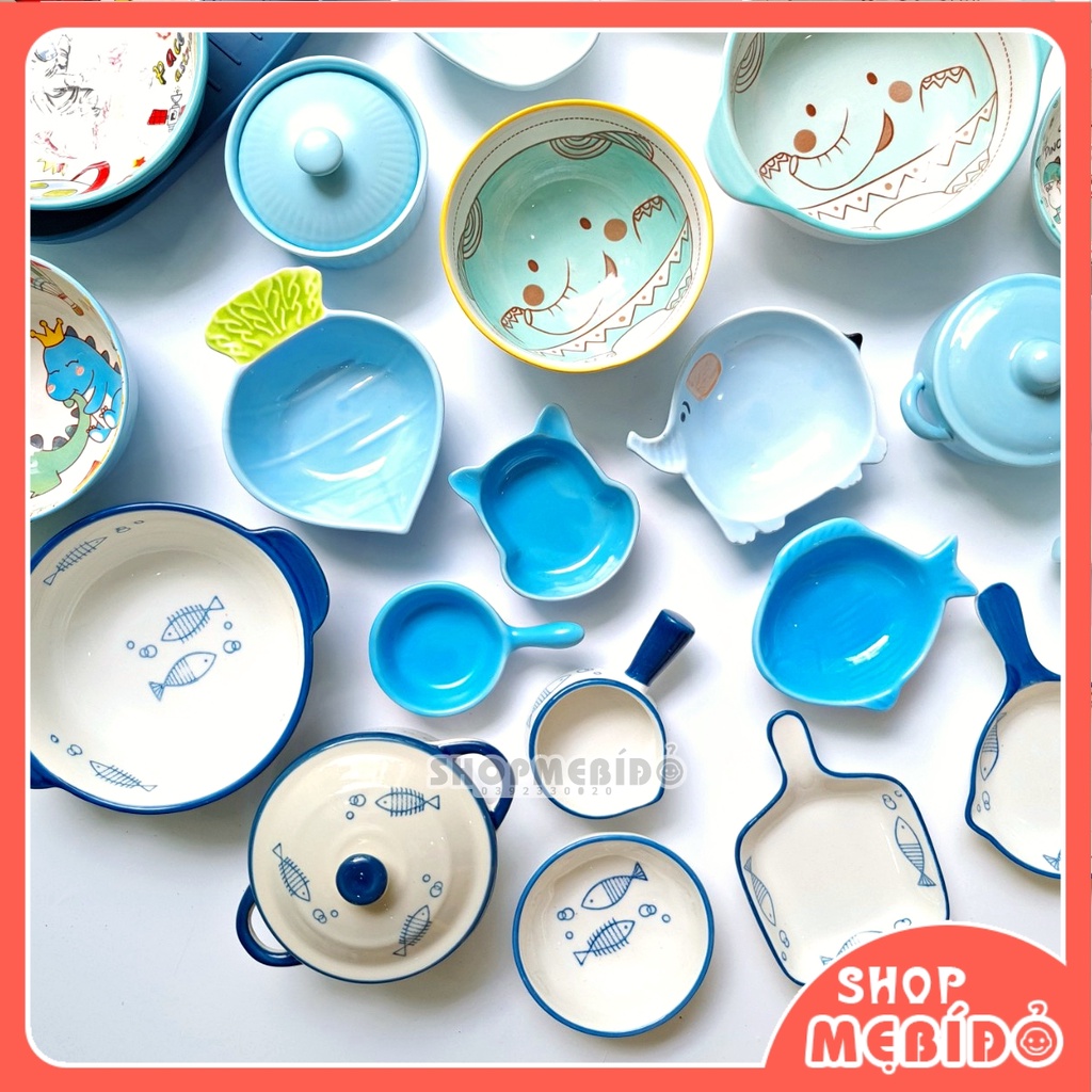 Bát ăn dặm cho bé gốm sứ màu xanh dương cao cấp nhiều hình dễ thương- Shop Mẹ Bí Đỏ