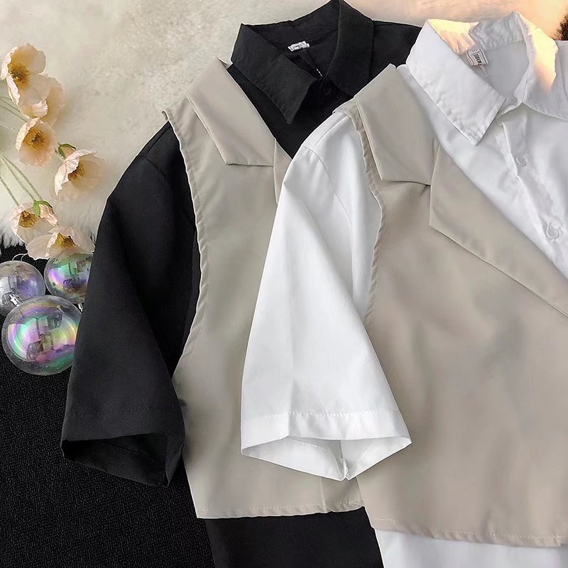 Hàng Có Sẵn Áo Sơ Mi Tay Ngắn Giả Hai Lớp Thời Trang Hàn Quốc Chất Lượng Cao Co Giãn Tốt Mặc Hàng Ngày Cho Nam