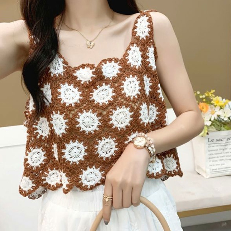 Áo Tank Top Dệt Kim Họa Tiết Hoa Phong Cách Retro Nhẹ Nhàng Cho Nữ