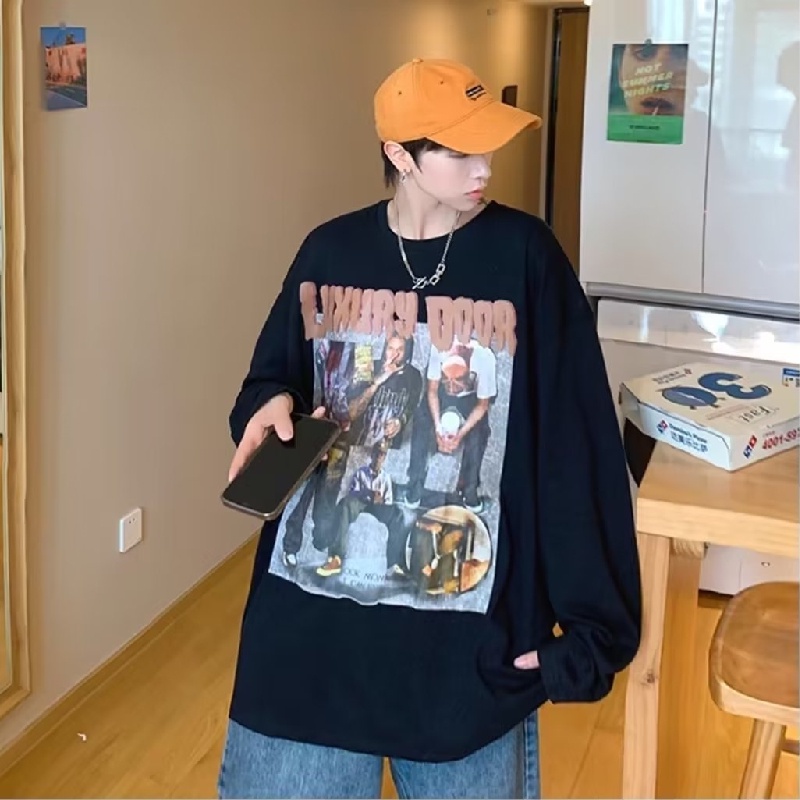Áo Thun Tay Dài Cổ Tròn Dáng Rộng In Chữ Phong Cách Hip Hop Hàn Quốc Thời Trang Cho Nam Size M-5XL
