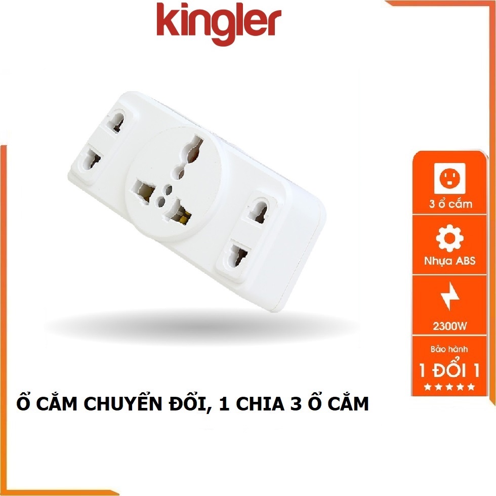 Ổ Cắm 2 Chức Năng: Phích Cắm Chia 3 Và Ổ Cắm Chuyển Đổi Từ 3 Chấu Thành 2 Thấu, 2000W, Nhựa ABS. Kingler 8605