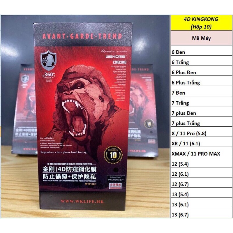 Kính chống nhìn trộm Kingcong không hộp các mã iphone 7plus đến 13 pro max