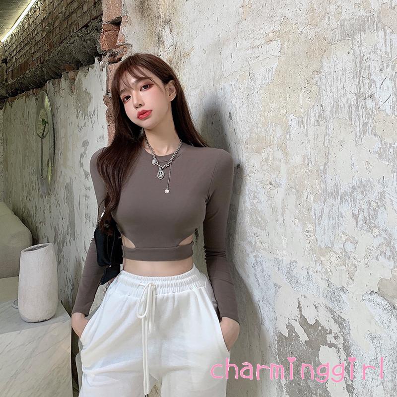 Áo Thun Crop Top Tay Dài Cổ Tròn Màu Trơn Thời Trang Xuân Hè Cho Nữ