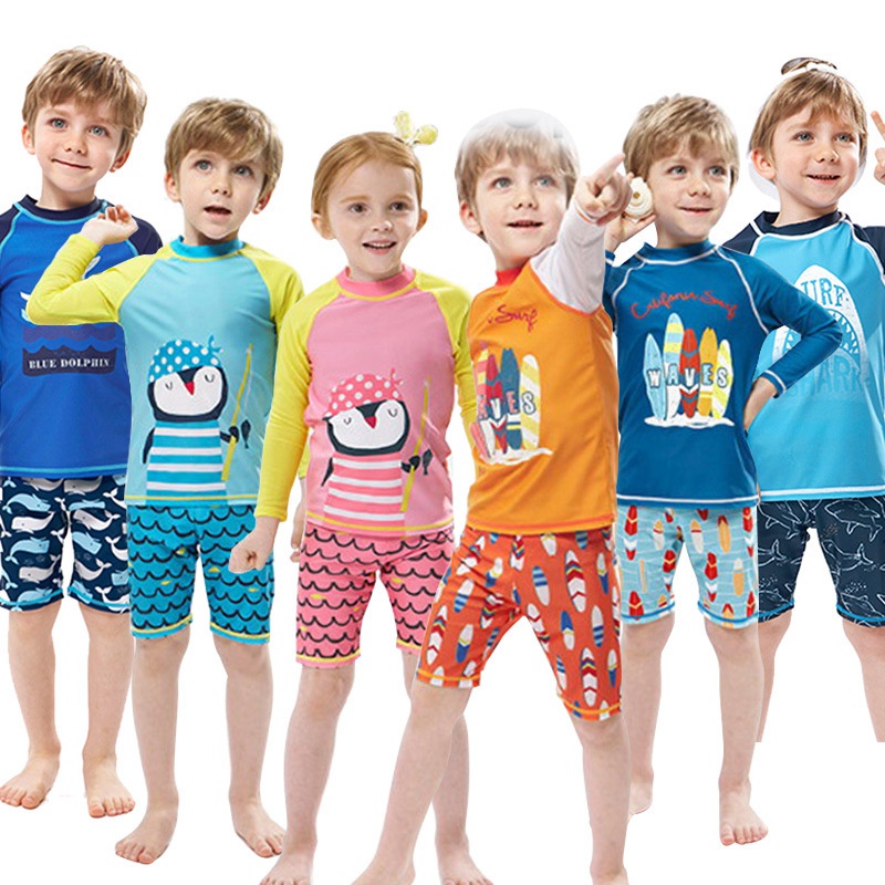 Bộ Đồ Bơi 2 Mảnh Gồm Áo Thun Dài + Quần Ngắn Chống Nắng In Hình Cá Mập Hoạt Hình Cho Bé Trai 2-12 Tuổi