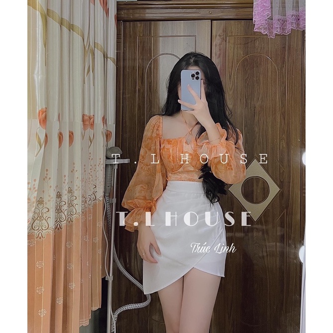 SET ÁO HOA XANH TAY LOE  + CHÂN VÁY  TRẮNG TÀ ĐẮP XÉO