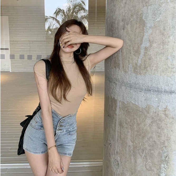 HUANG YOYO Áo thun tay ngắn cổ lọ dáng ôm thời trang mùa hè quyến rũ cá tính cho nữ