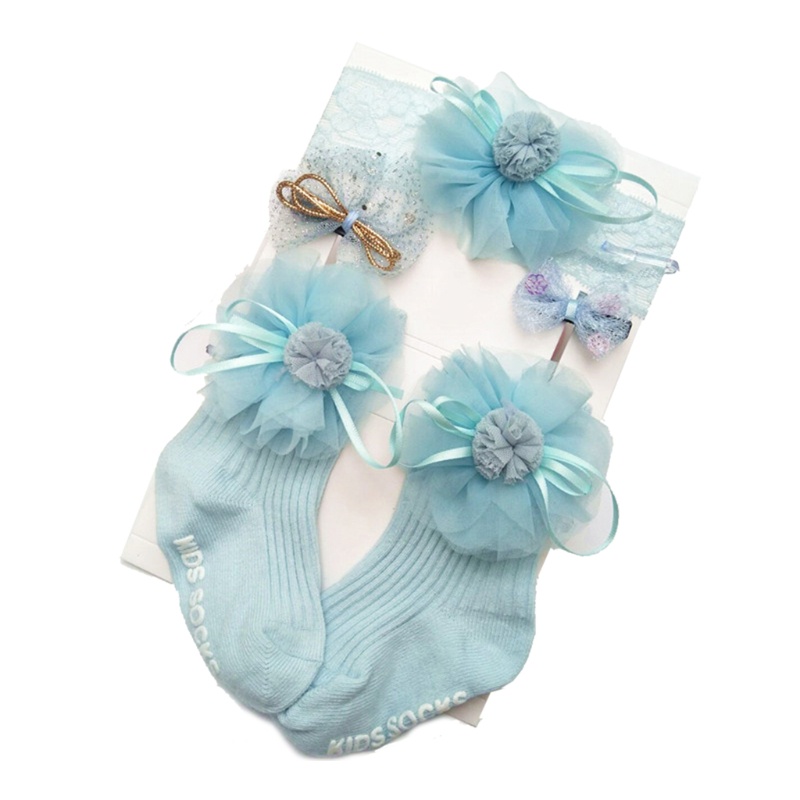 1 Set Vớ Cotton Ren Hoa Mềm + Băng Đô + Hộp Kẹp Tóc Co Giãn Dành Cho Bé Gái