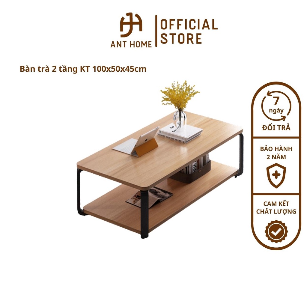 Bàn trà phòng khách, bàn trà 2 tầng chân sắt hộp kích thước 100x50x45cm Ant Home - TB016