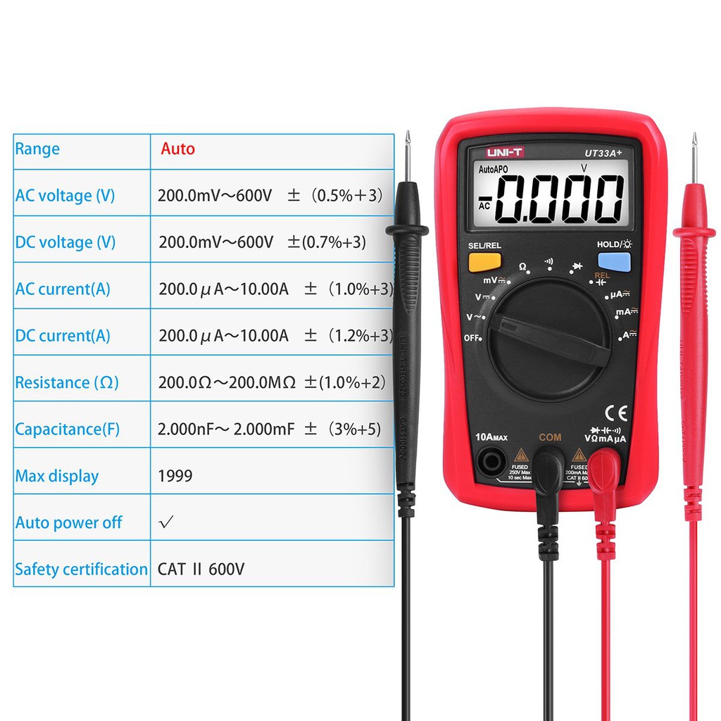 Đồng hồ vạn năng kỹ thuật số UNI-T UT33A + Kích thước lòng bàn tay Điện trở hiện tại Đo LCD AC DC + 2mF Điện dung LCD Tester Đèn nền