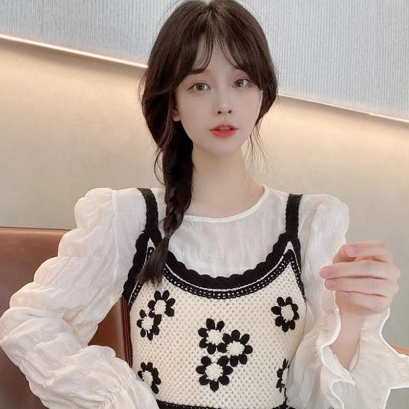 Áo Croptop Dệt Kim Không Tay Họa Tiết Hoa Màu Sắc Tương Phản Phong Cách Vintage Dành Cho Nữ