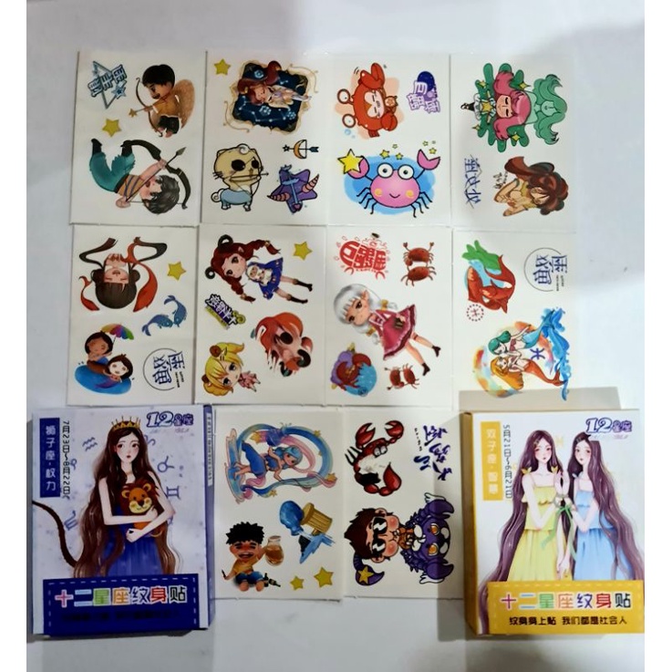 Hộp 10 tấm hình xăm dán tatoo chủ đề 12 cung hoàng đạo có màu