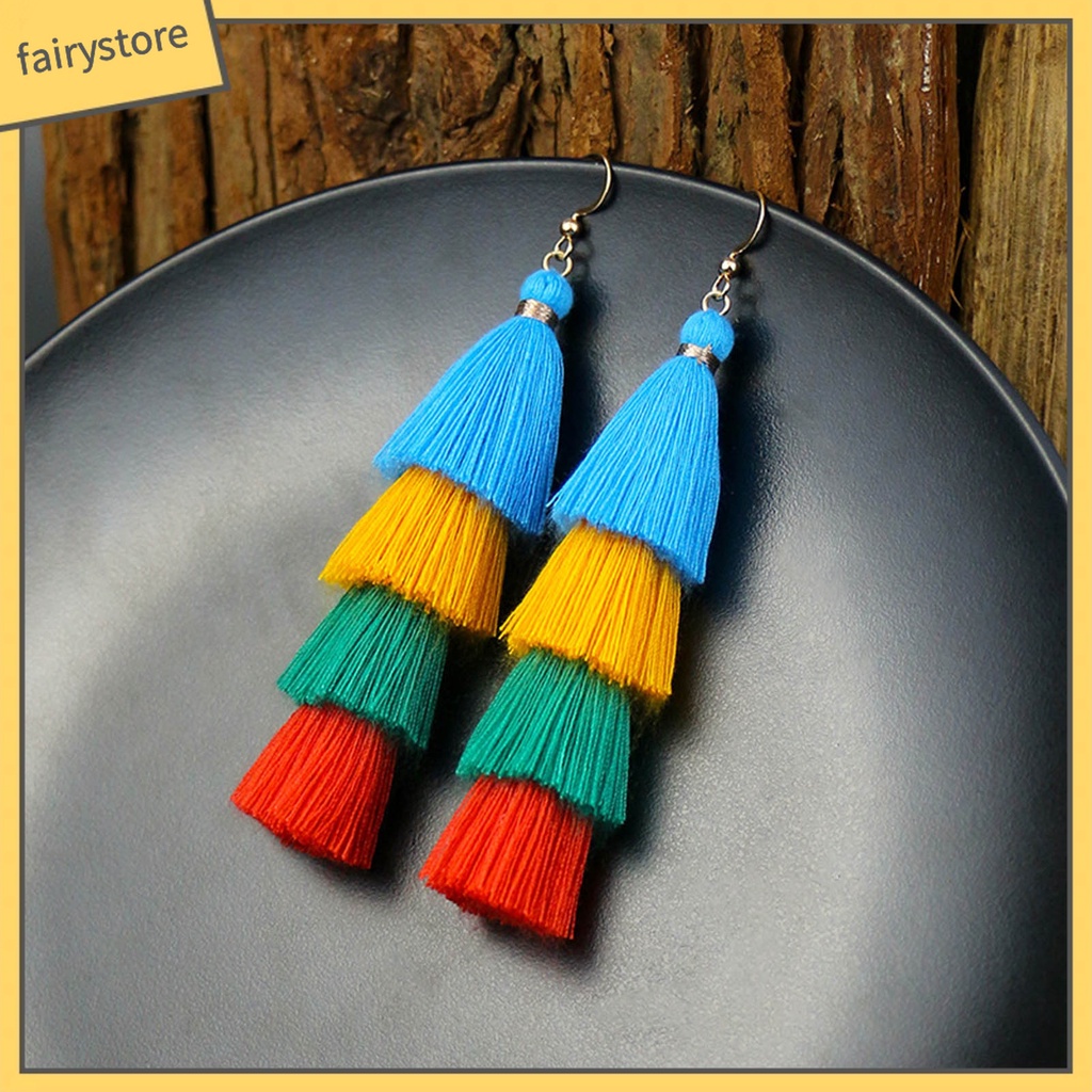 1 Đôi Bông Tai Tua Rua Siêu Dài 4 Lớp Phong Cách Bohemia Quyến Rũ Cho Nữ